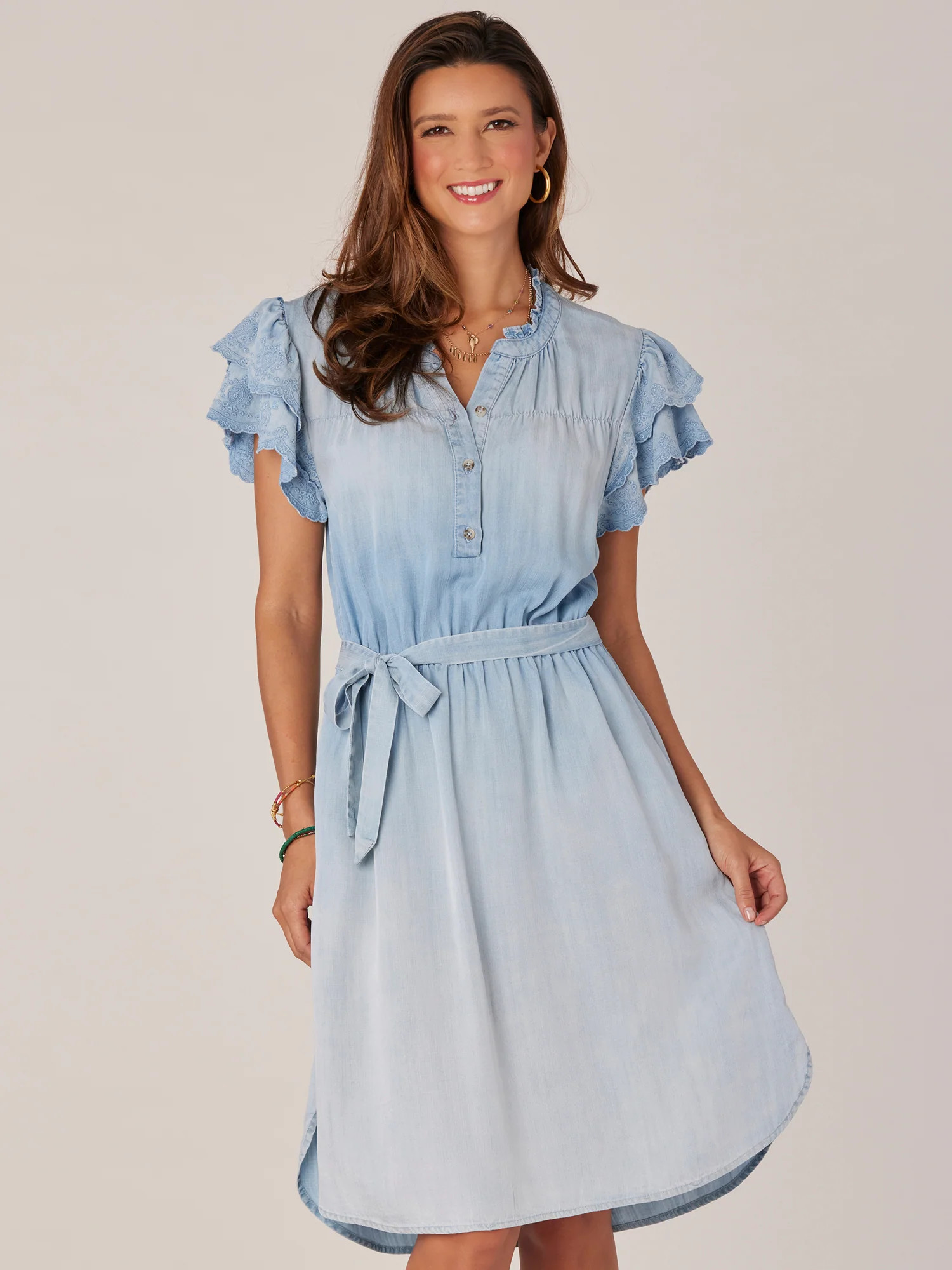 Double Flutter Sleeve Mandarin Collar Self Tie Petite Woven Dress | Democracy Clothing