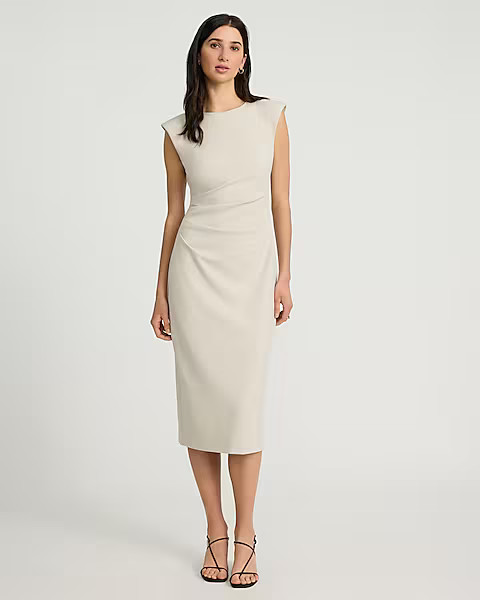 Crew Neck Cap Sleeve Ruched Midi Sheath Dress | Express