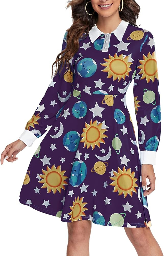 JECEIKA Women's Long Sleeve Peter Pan Collar A-line Dress Halloween Costume Solar System Fit and ... | Amazon (US)
