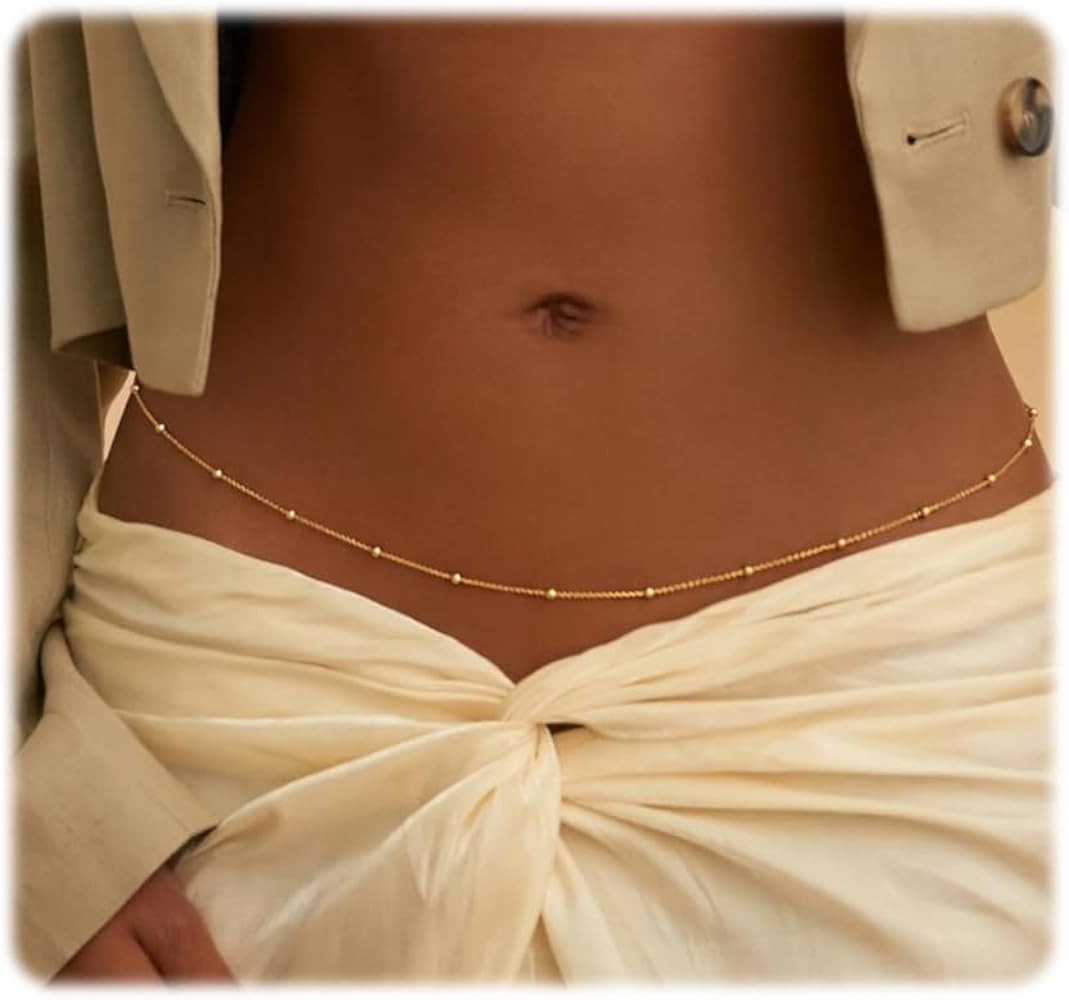 ASCOMY Waist Chains for Women 14K Gold Plated 2Pcs Body Chains Layered Cuban Pearl Satellite Bead... | Amazon (US)