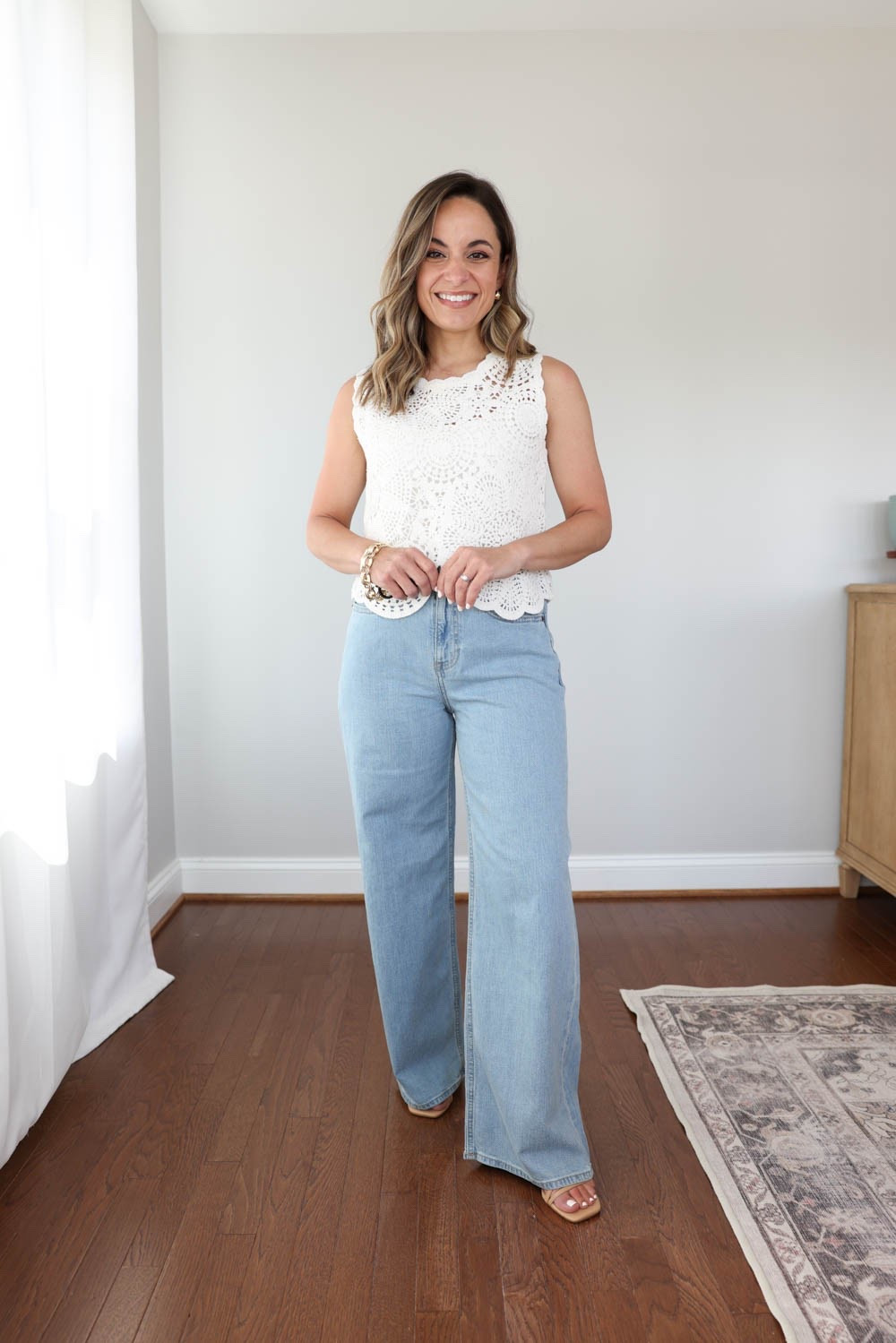 Summer jeans for petites! 

*measurements given are taken from the size I’m wearing and may differ from the brand website 

Abercrombie High-Rise Wide-Leg Jeans
Size Worn: 24 Short
Rise: 11″
Inseam: 28.5″
Fabric: 81% Cotton, 18% Linen, 1% Elastane
Weight: Lightweight denim
Fit: True to size at the waist
*Worn in light wash, change the wash after you click the link to see the in stock options in short.

Camisole: small 
Crochet top: xxs 

My measurements for reference: I’m 4’10” and 105lbs. My bust, waist, and hip measurement is 32”, 24”, and 36”.