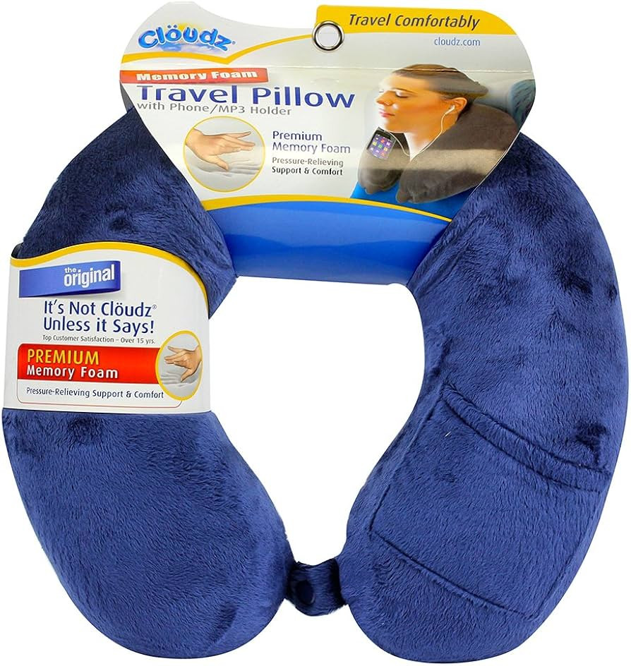 Cloudz Memory Foam Travel Neck Pillow with Snap & Pocket - Blue | Amazon (US)