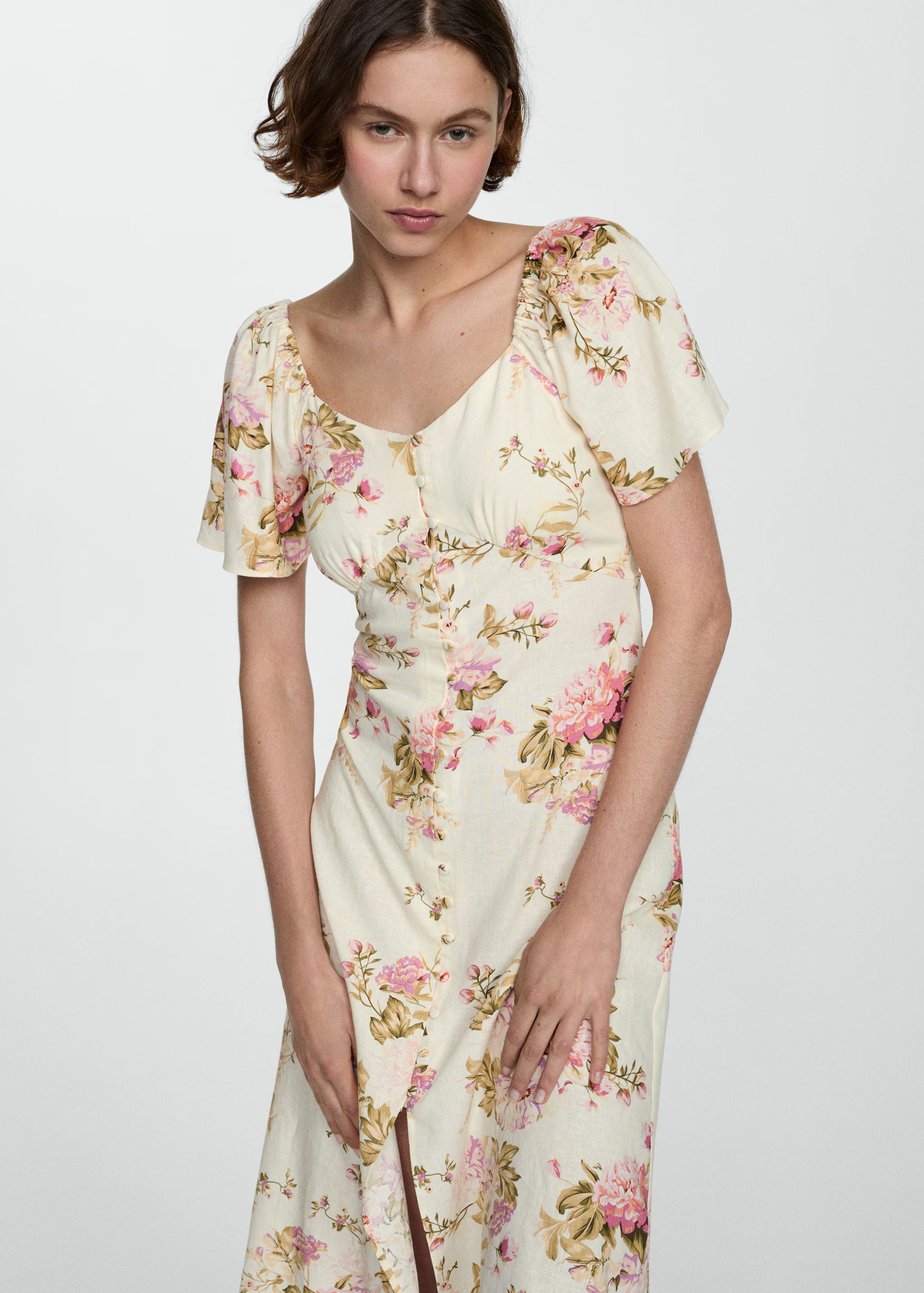 Buttoned linen-blend dress | MANGO (US)