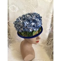 Vintage 1960's Hat Bucket Style With Dark & Light Blue Flowers Velvet Brim | Etsy (US)