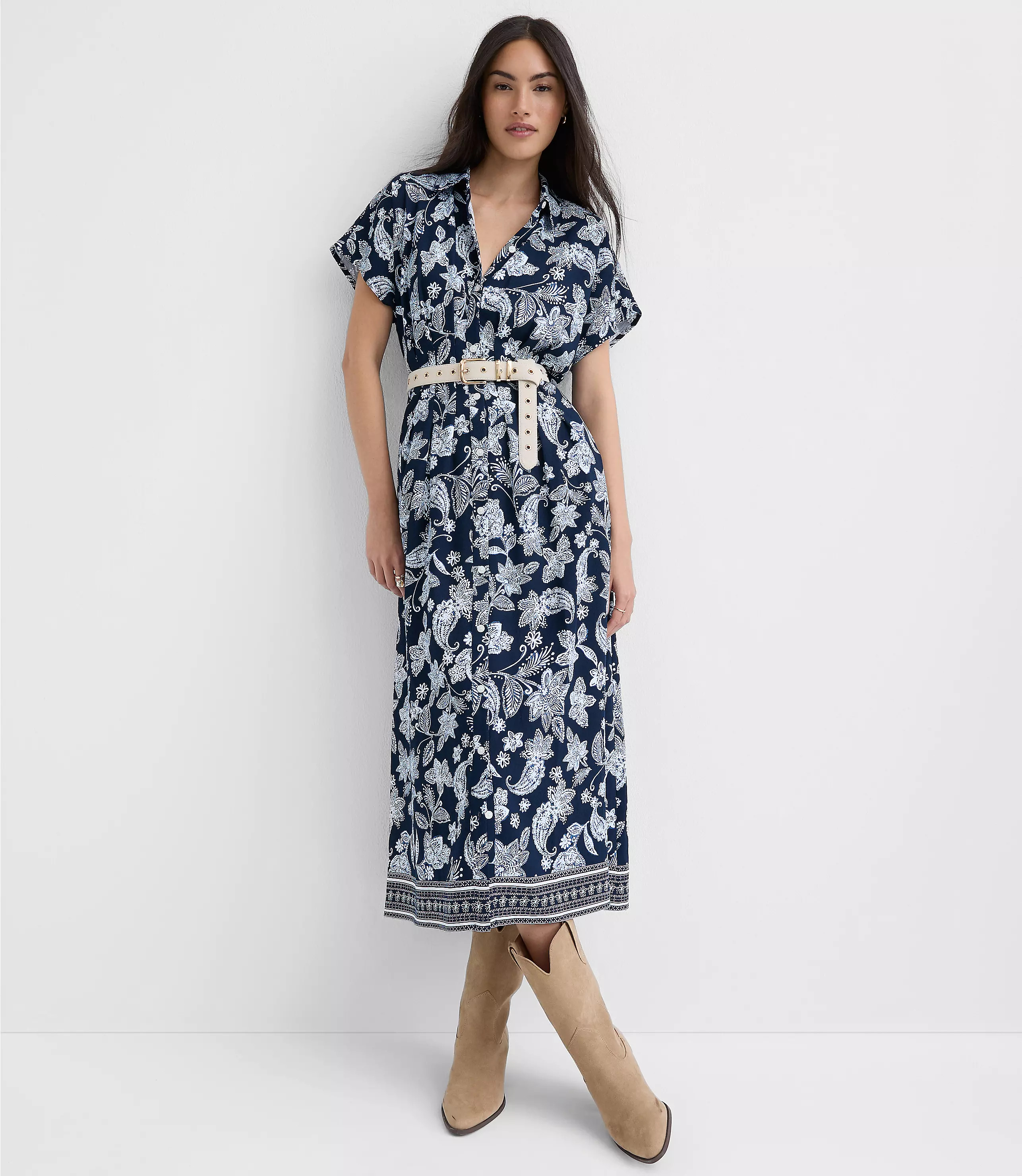 Paisley Pleated Midi Pocket Shirtdress | LOFT