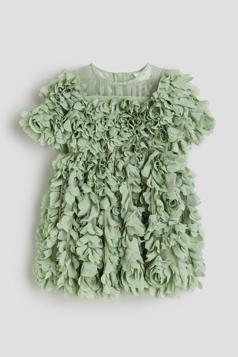 Fabric Flower-covered Dress - Dusty green - Kids | H&M US | H&M (US + CA)