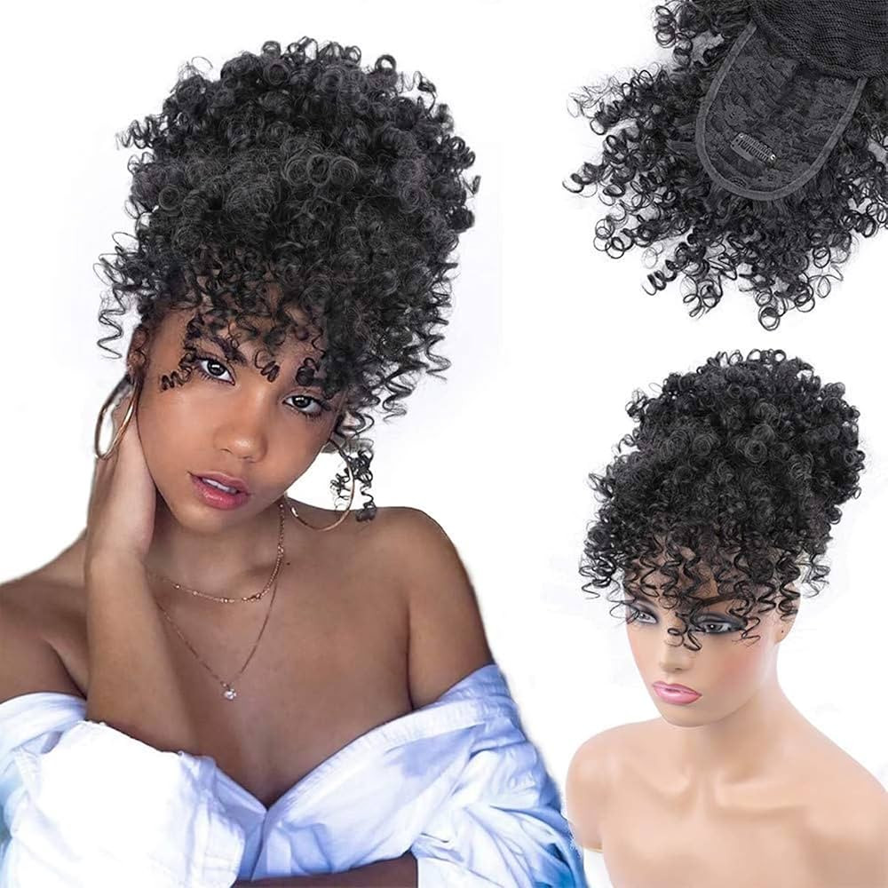 ENTRANCED STYLES Drawstring Ponytail with Bangs Afro Puff Ponytail Extensions for Women Short Cur... | Amazon (US)