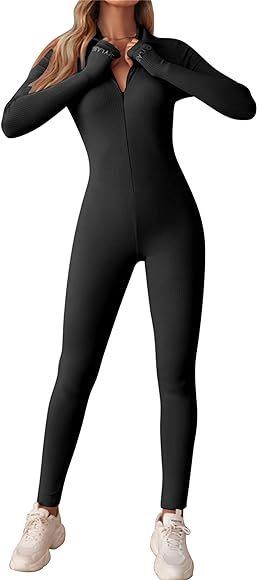 Adisputent Womens Ribbed Jumpsuit Playsuits Long Sleeve Unitard Romper Onesies Zip Up Sports Body... | Amazon (UK)