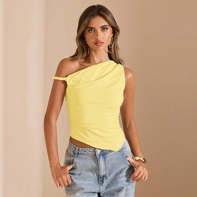 Women Asymmetrical One Shoulder Ruched Crop Top Slim Fit Twisted Strap Tank, Yellow, L | Target