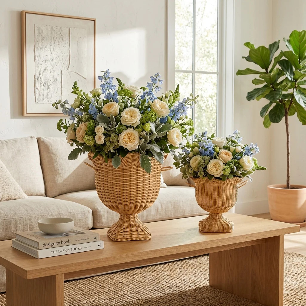 Decorative Scalloped Woven Rattan Urn Vases for Home Display - Natural Fiber Table Vases Flower Decor for Living Room - Set of 2, 14", 9", Brown | Wayfair North America