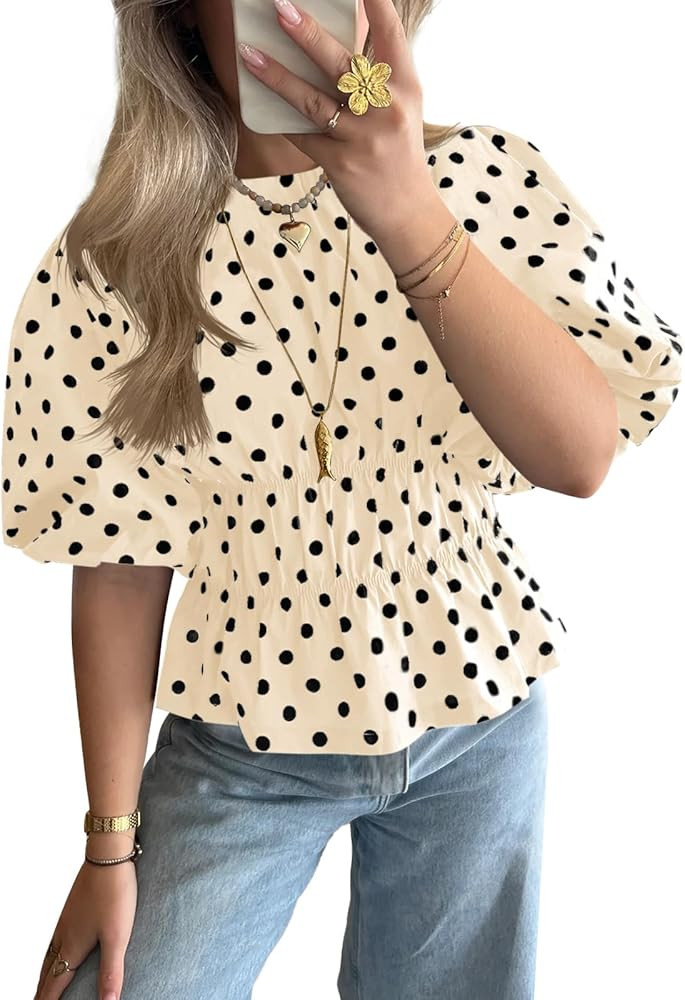 Cicy Bell Womens Polka Dots Peplum Tops Summer Puff Short Sleeve Round Neck Blouses Trendy Casual... | Amazon (US)