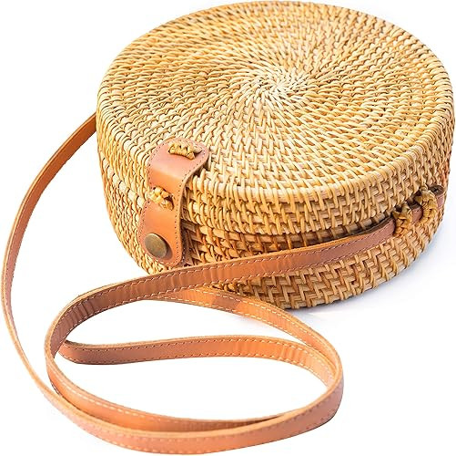 Handwoven Round Rattan Bag Shoulder Leather Straps Natural Chic Hand NATURAL NEO | Amazon (US)