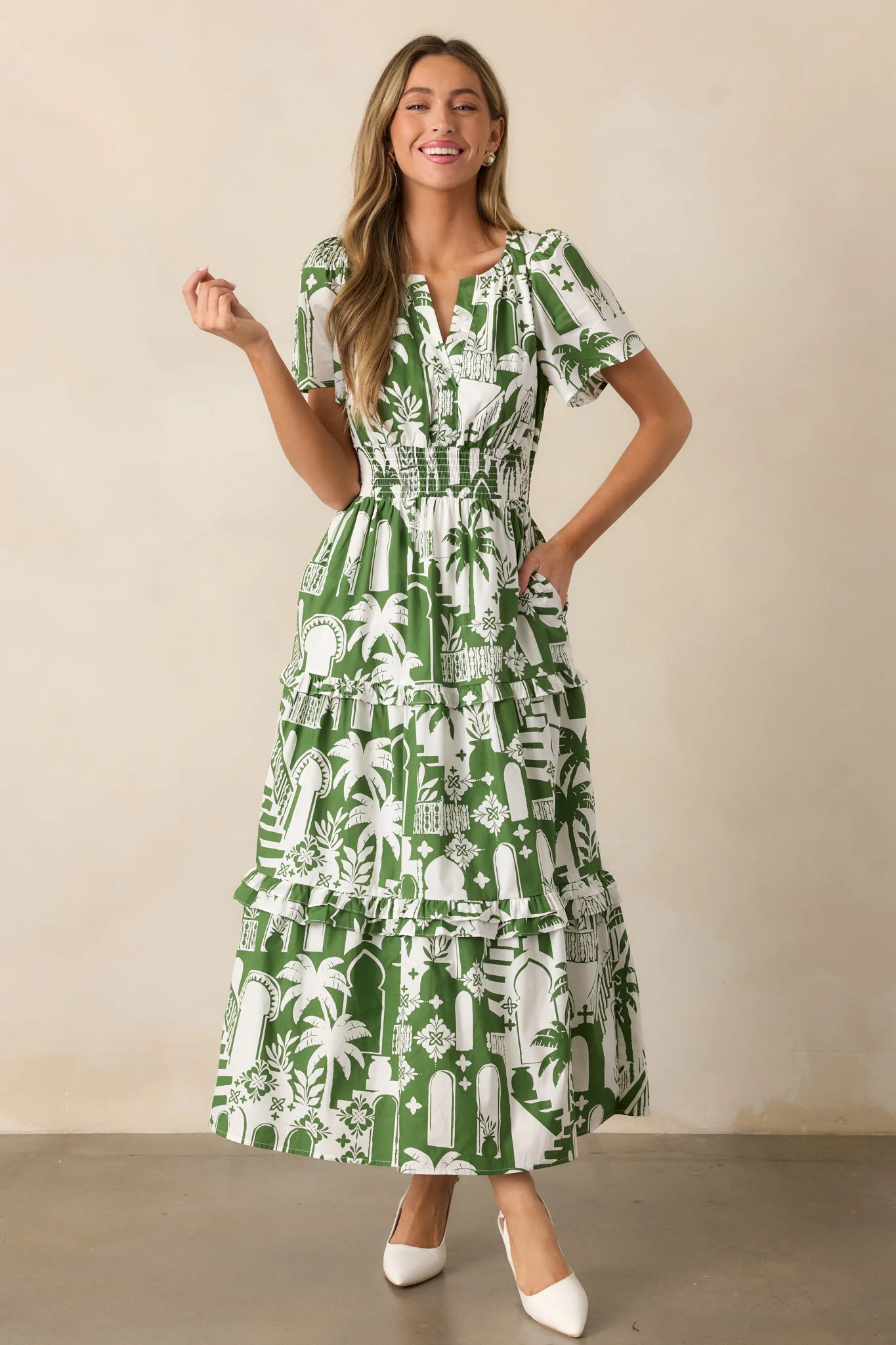 Island Glow Cotton Green Tropical Palm Print Maxi Dress | Red Dress