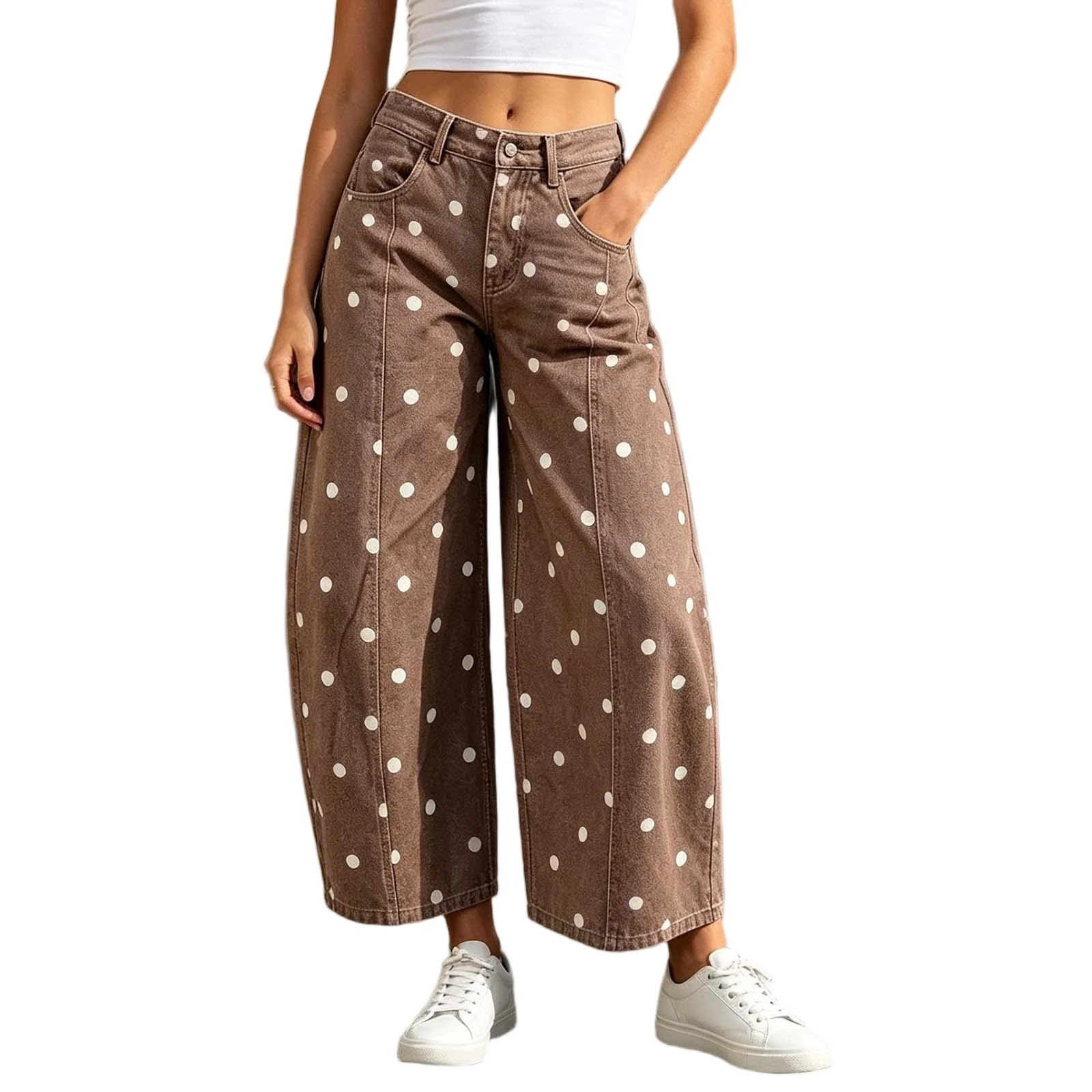 Avirosel Women's Polka Dot Barrel Jeans Casual High Waisted Wide Leg Cropped Denim Pants with Pockets for Fall Coffee - Walmart.com | Walmart (US)