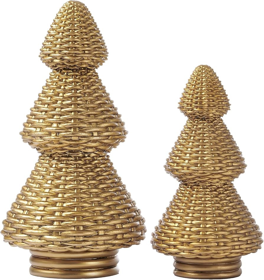DN DECONATION Gold Christmas Tree Figurines, Natural Rattan Style Tabletop Christmas Decor, Set o... | Amazon (US)