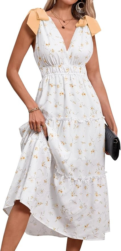 Wenrine Womens Summer Floral Maxi Dress Casual Self Tie Sleeveless V Neck Smocked Boho Tiered Bea... | Amazon (US)