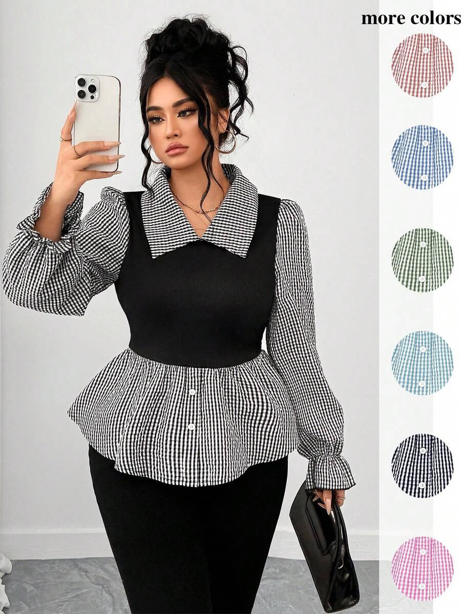 SHEIN Elenzya Plus Size Women's Fashionable French Retro Elegant Commuter Casual Plaid Patchwork ... | SHEIN