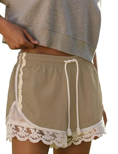 Bell Princess Womens Lace Trim Drawstring Shorts Casual Elasticated Summer Y2K Beach Bottoms Athletic Shorts(0263-Khaki-XL) | Amazon (US)