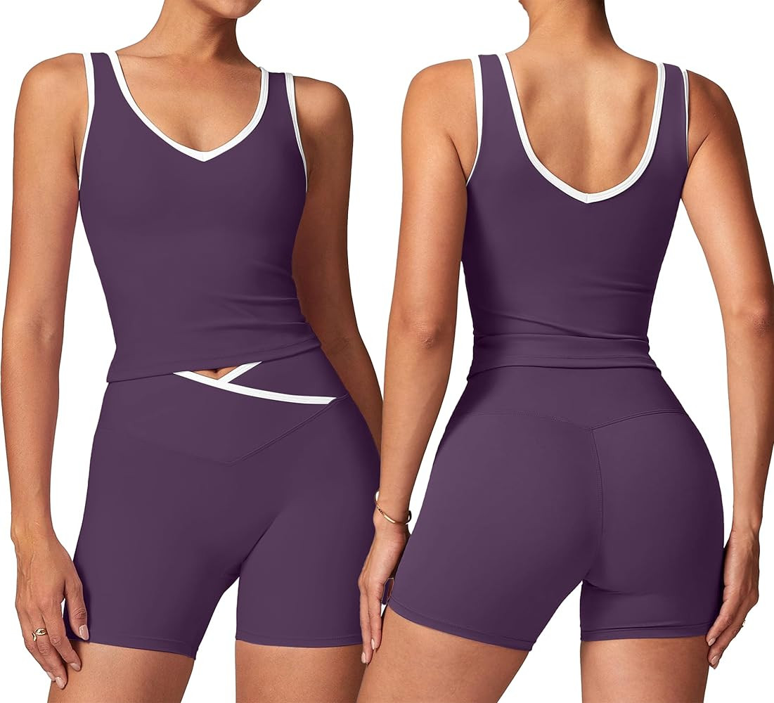 SUUKSESS Women 2 Piece Workout Sets Built in Bra Yoga Tank Top High Waisted Tummy Control Biker S... | Amazon (US)