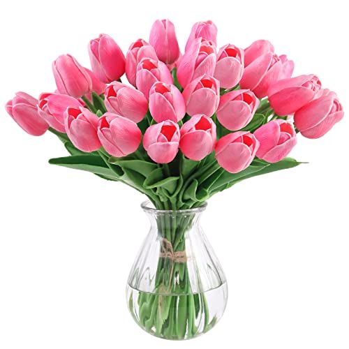 Amazon.com: Artificial Flowers 30pcs Bouquet 14" Tall Real Touch Tulips, Pink PU Fake Tulips Flowers | Amazon (US)