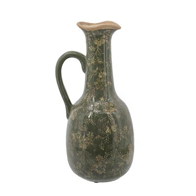 Ceramic Pitcher Vase With Olive Green Finish And Floral Motifs | Wayfair North America