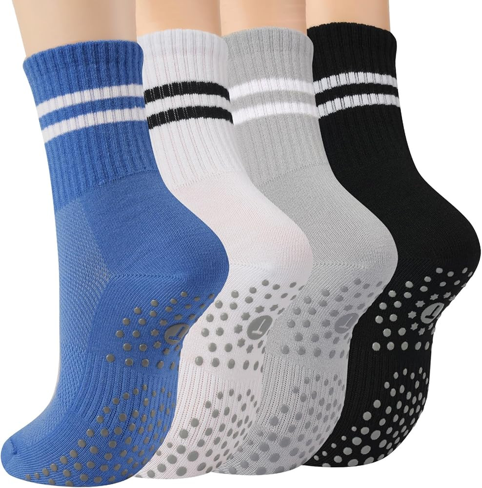 Toes Home Pilates Socks for Women with Non Slip Grippers, Yoga Crew Socks for Barre Hospital Stic... | Amazon (US)