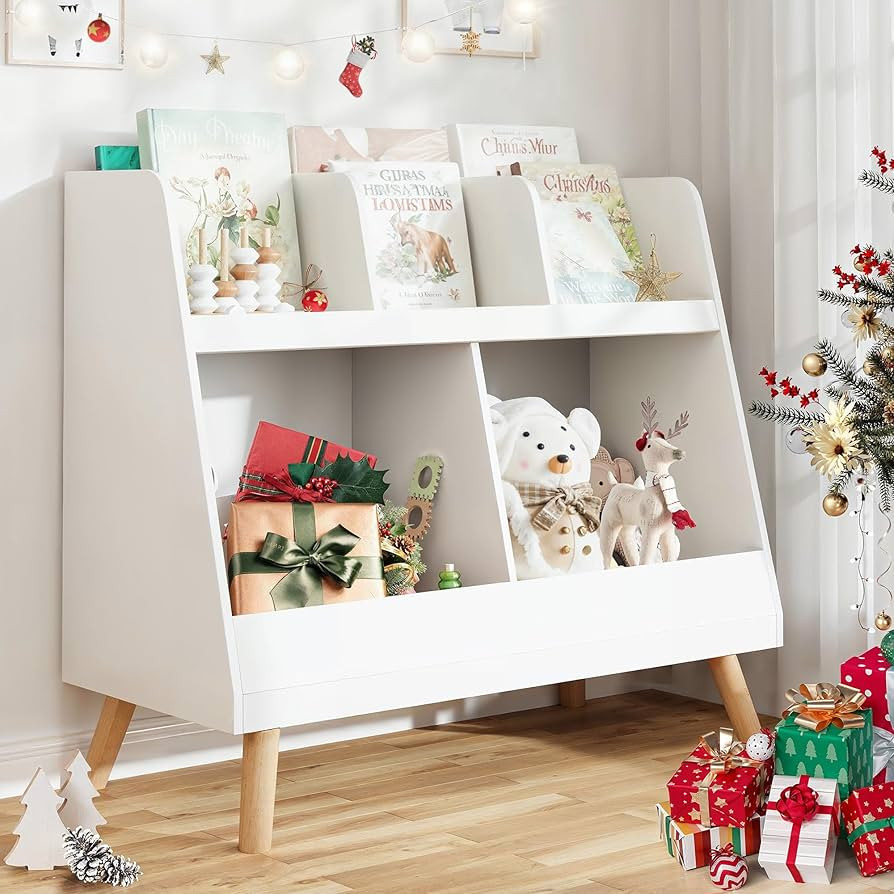 Kids Bookshelf and Toy Organizer, 5 Cubbies Wooden Open Bookcase, 2-Tier Baby Storage Display wit... | Amazon (US)