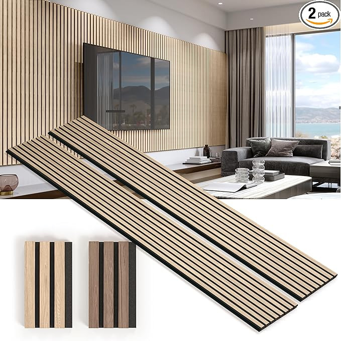 Two Acoustic Wood Wall Veneer Slat Panels - Natural Oak | 94.49 x 12.6 Each | 16.54 sq ft. Covera... | Amazon (US)