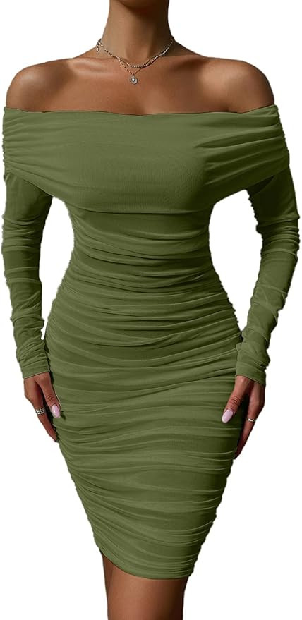 Pofash Women's One Shoulder Sleeveless Mesh Ruched Cocktail Club Party Midi Bodycon Dress | Amazon (US)