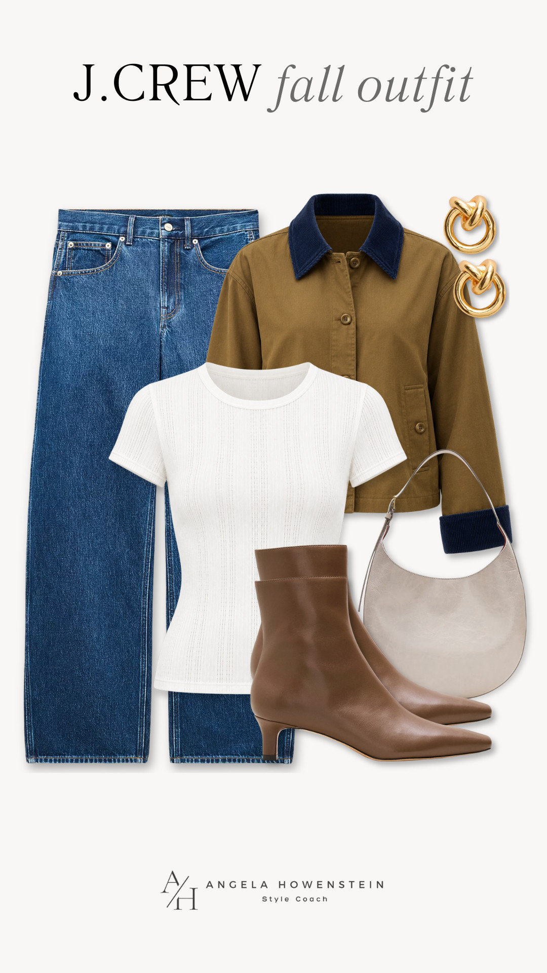 This J.Crew fall outfit is such a good mix of classic and current. Wide-leg denim, a textured white top, an olive jacket with navy details, and chocolate-brown boots make an easy, polished outfit you can wear all season long.

👩‍💻 LTK PRO TIPS
❤️ Heart = Support my posts ;-)
🔖 Save = Get sale & restock alerts for the things you love!
📋 Lists = Keep favorites organized (List ideas: Christmas, Birthdays, and Vacations!)
📲 Share = Send lists and products to a friend (or your daughters like me).
💬 Comment = Ask me anything, and I’ll answer. ;-) 

 #LTKootd #LTKSeasonal #LTKOver40