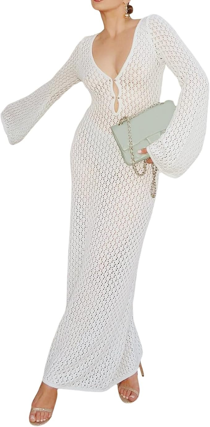Adoeren Women Low Cut Knitted Maxi Dress Long Sleeve V Neck Bodycon Crochet Long Dress Y2k Backle... | Amazon (US)