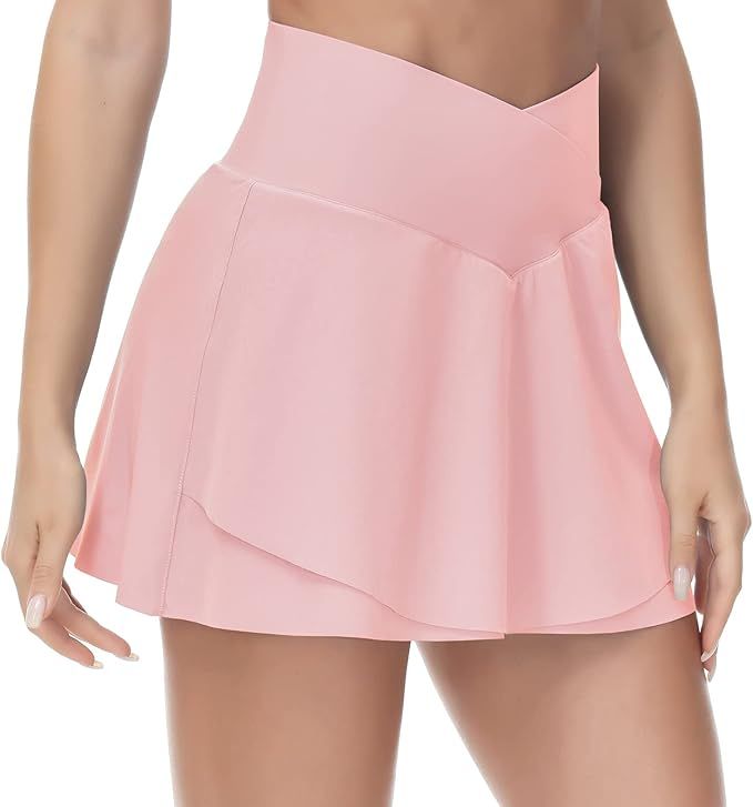 Women's Cross Waist Tennis Skirts with Cutting Hem Athletic Golf Skorts with Inner Mesh Pockets S... | Amazon (US)