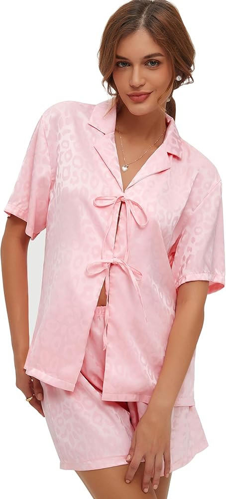 CHYRII Women's Silk Satin Pajamas Sets Tie Front Short Sleeve Tops and Shorts Two Piece Pj Sets S... | Amazon (US)