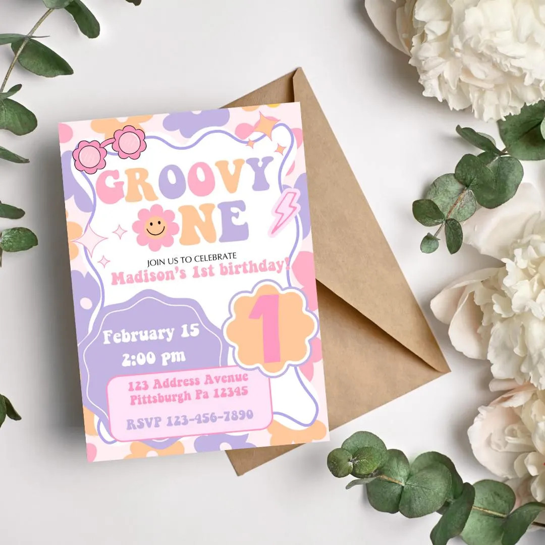 Groovy One Girl Birthday Party Invitation Girls Groovy Retro Theme Smiley Flowers Hippie Smile Fa... | Etsy (US)