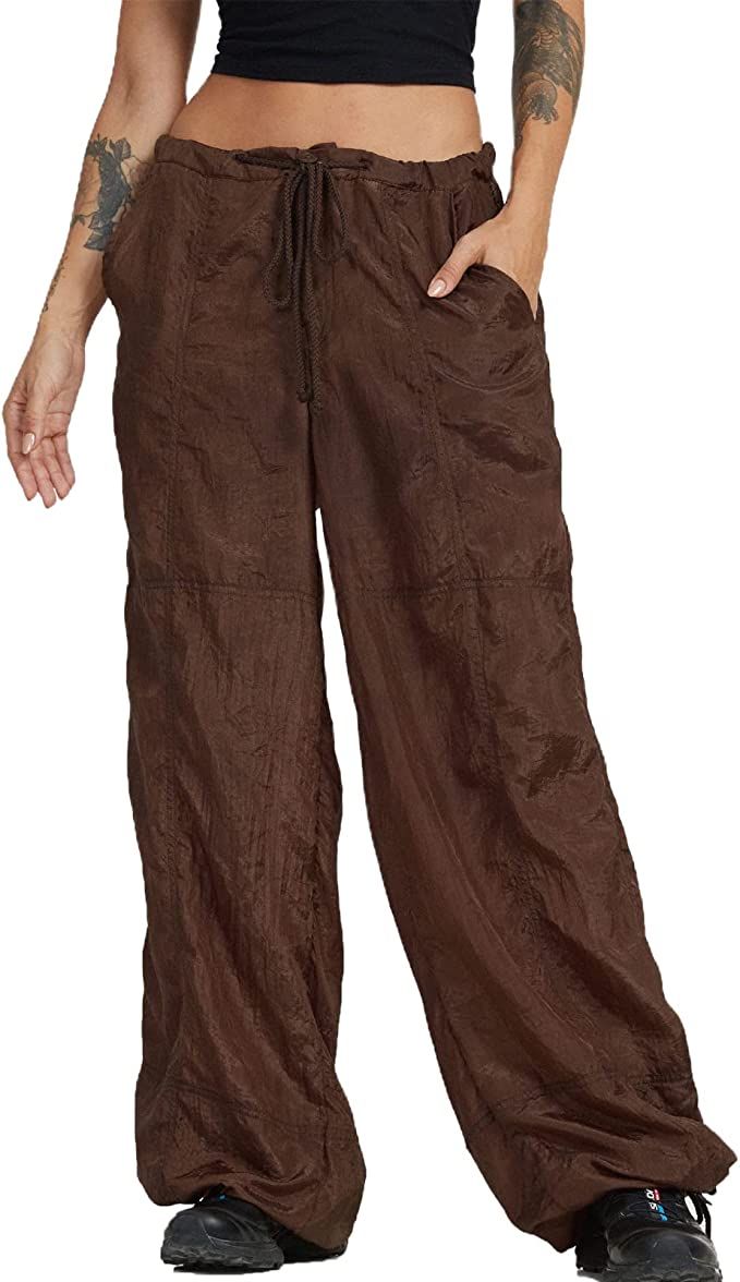 WOBONIU Women Low Waist Baggy Cargo Pants Indie Aesthetic Drawstring Loose Pocket Jogger Trousers... | Amazon (US)