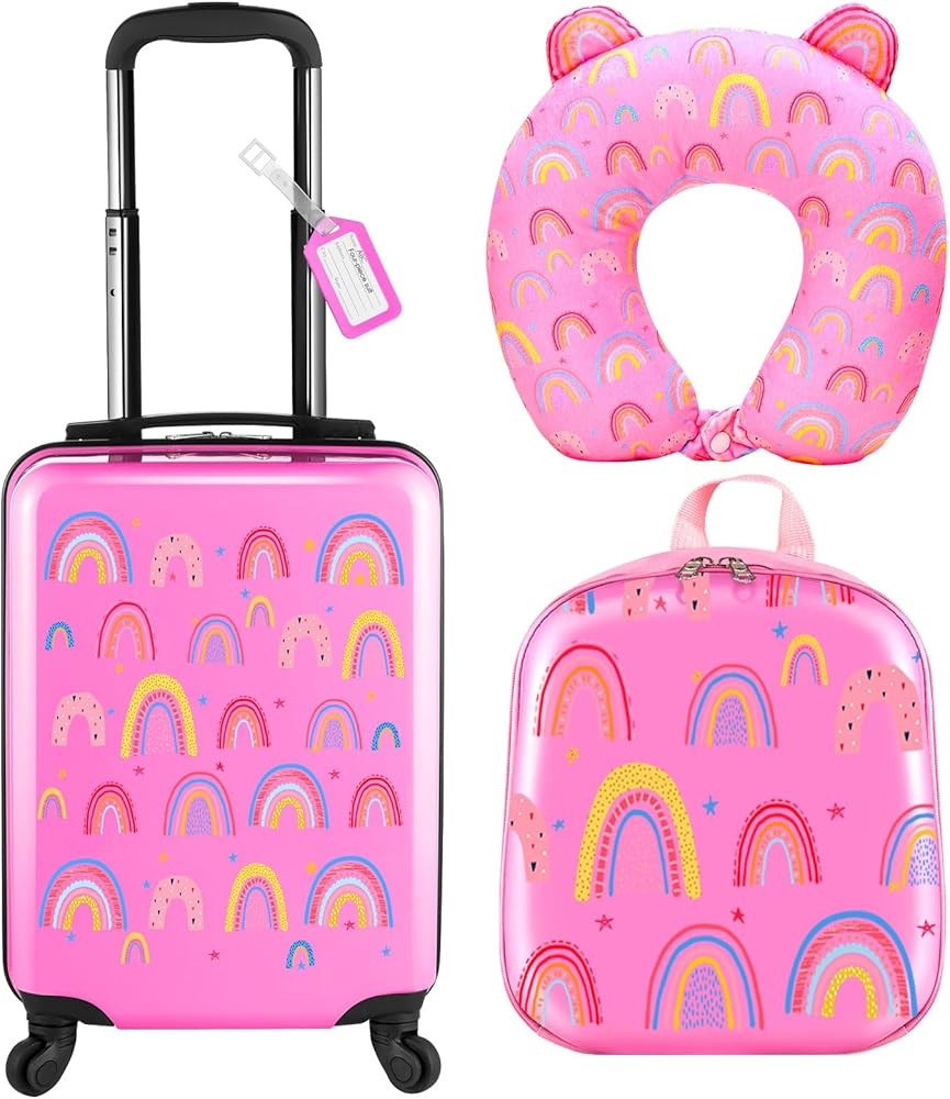 Sanwuta 4 Pcs Kids Luggage Set Kids Backpack Travel Rolling Suitcase with Wheels U-shape Pillow C... | Amazon (US)