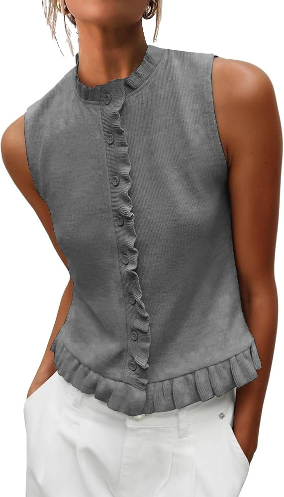 Womens Sleeveless Sweater Vest Mockneck Button Down Vacation Tank Top Summer Ruffle Going Out Ves... | Amazon (US)