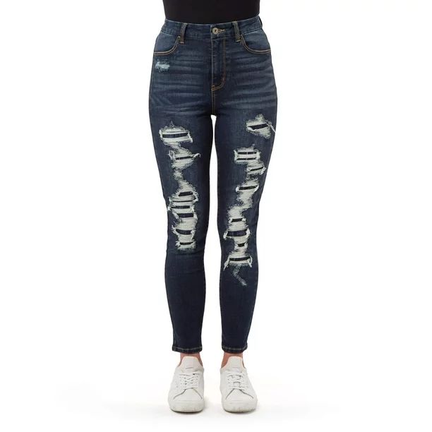 No Boundaries Juniors' Destructed Curvy High Rise Ankle Skinny Jeans | Walmart (US)