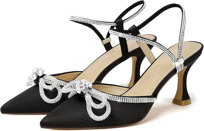 Susanny Women's Closed Toe Rhinstone Wedding Low Heel Slingback Clear Kitten Heels,Adjustable Str... | Amazon (US)