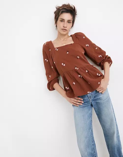 Amie Floral Embroidered Lightspun Millbrook Puff-Sleeve Peplum Top | Madewell