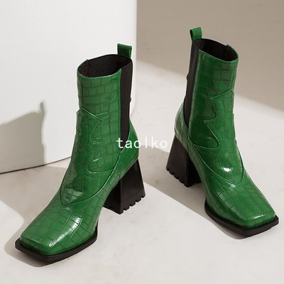 Runway Womens 7cm Chunky Block Heel Crocodile Print Shoes Ankle Boots Pull on 48  | eBay | eBay US