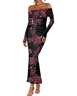 LILLUSORY Off The Shoulder Bodycon Floral Dress 2025 Fall Long Sleeve Maxi Wedding Guest Cocktail... | Amazon (US)