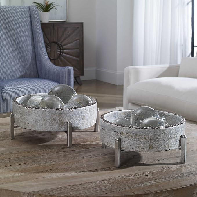 Uttermost 18731 Essie - Bowl (Set of 2), Pale Gray/Antiqued Silver Finish, 16.25" W x 5.75" H x 1... | Amazon (US)