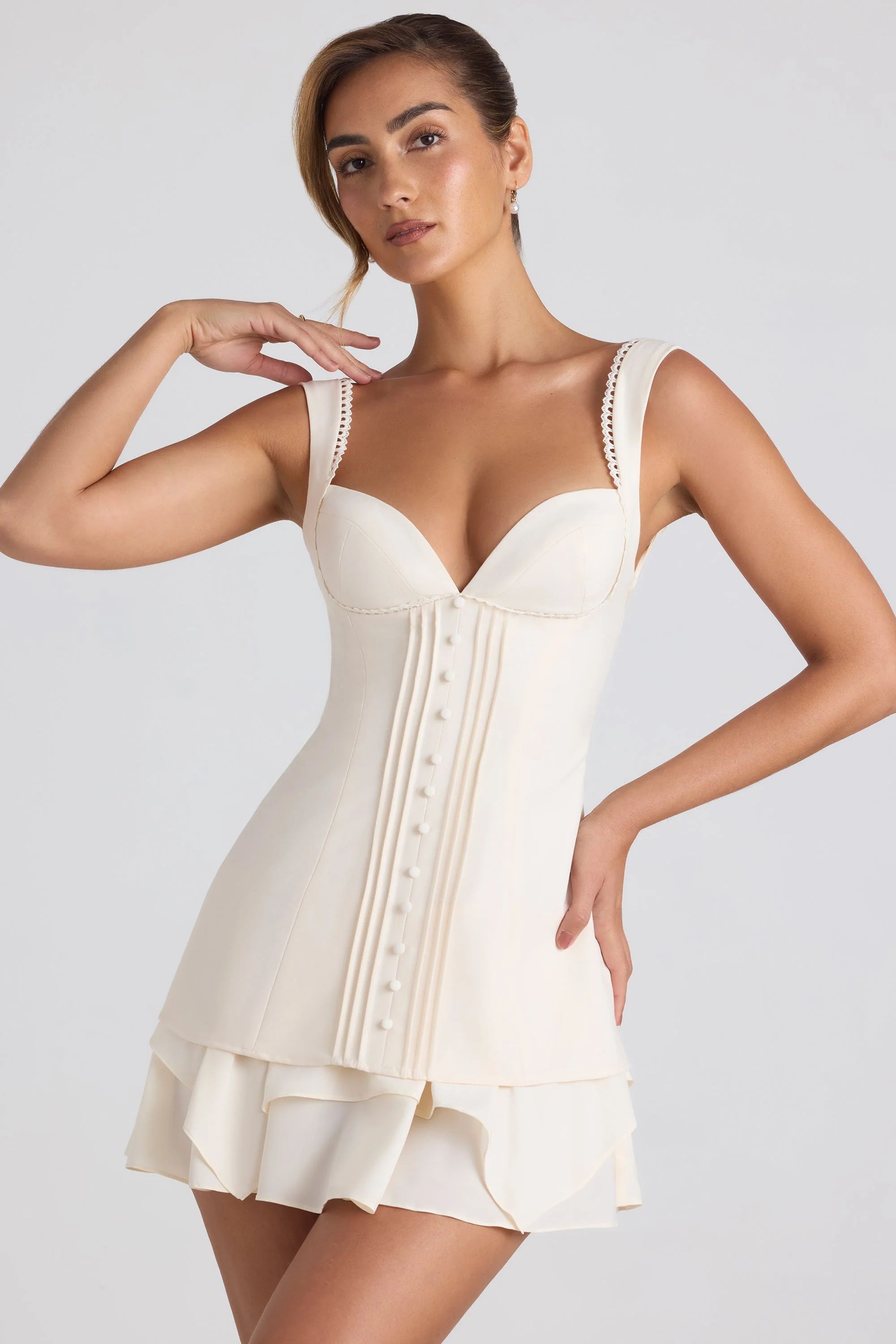 Ruffle-Trim Button-Detail Corset Mini Dress in Ivory | Oh Polly