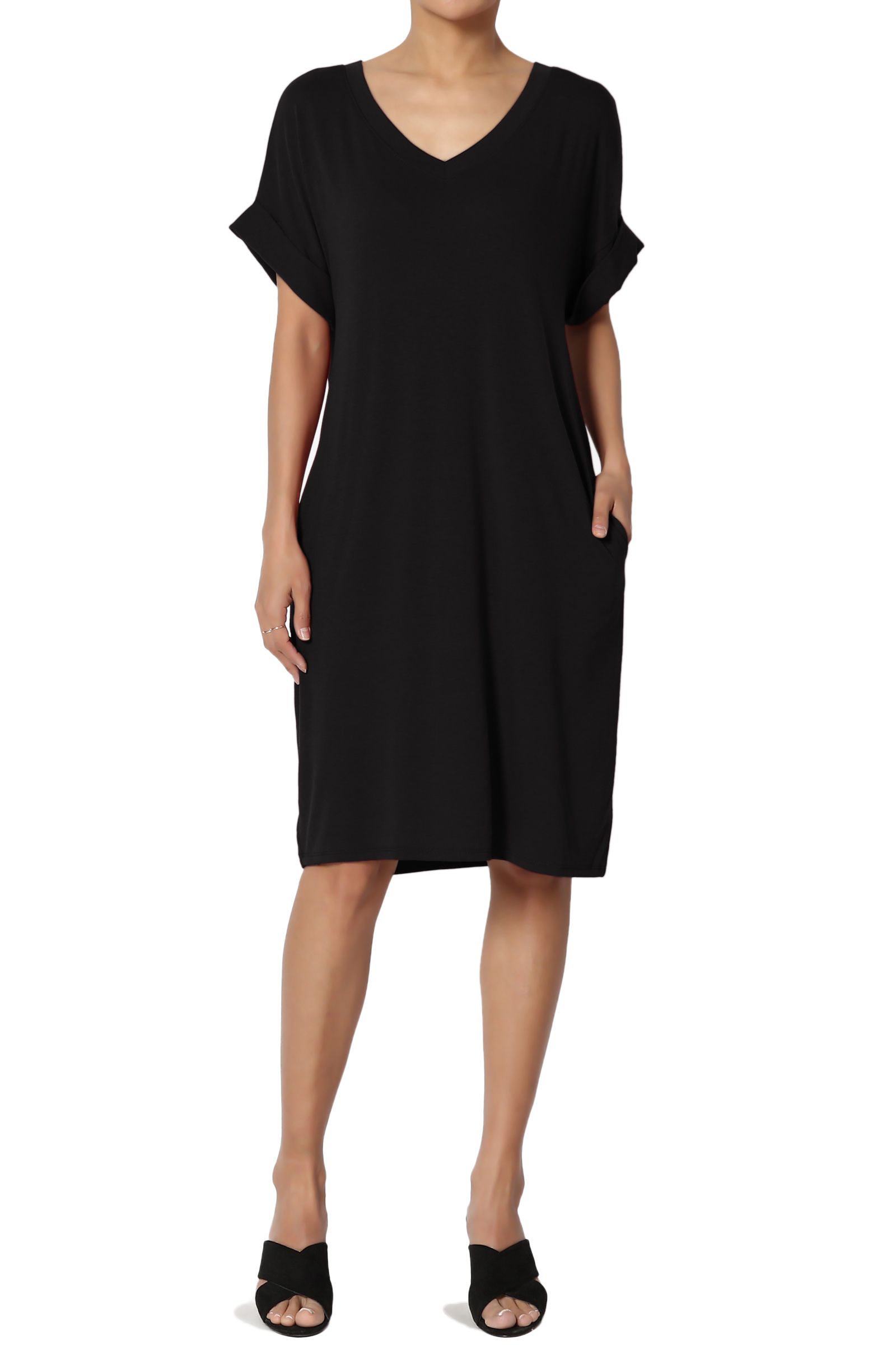 Women's S 3X Jersey Cuffed Short Sleeve V-Neck Boxy Pocket T-Shirt Dress | Walmart (US)