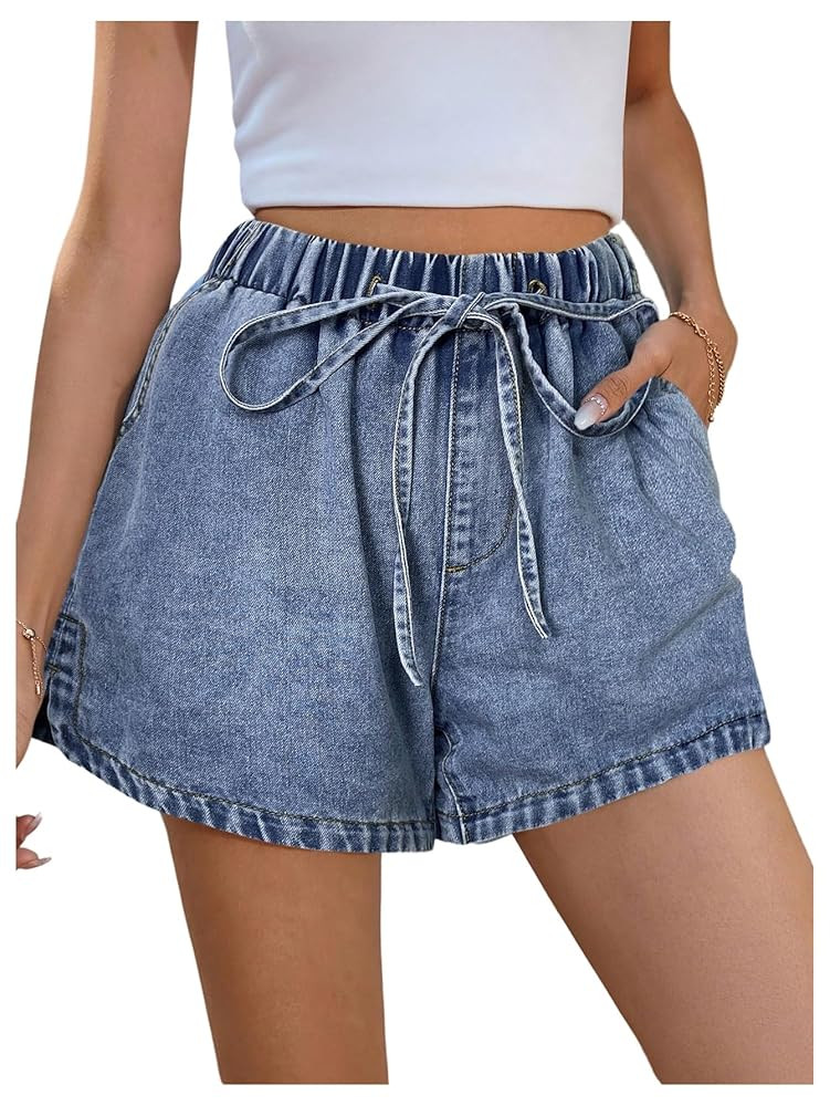 Floerns Women's Elastic Waist Drawstring Denim Shorts Wide Leg Casual Jean Shorts with Pocket | Amazon (US)