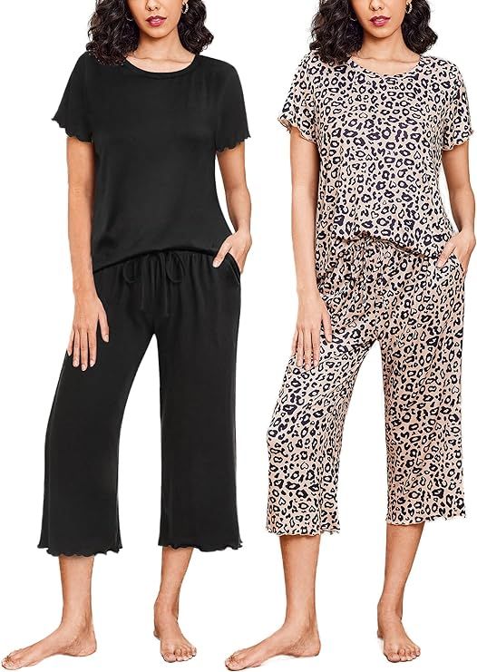 Ekouaer 2 Pack: Women's Pajamas Set Short Sleeve Sleepwear Capri Pants Pjs Sets Soft Loungewear W... | Amazon (US)