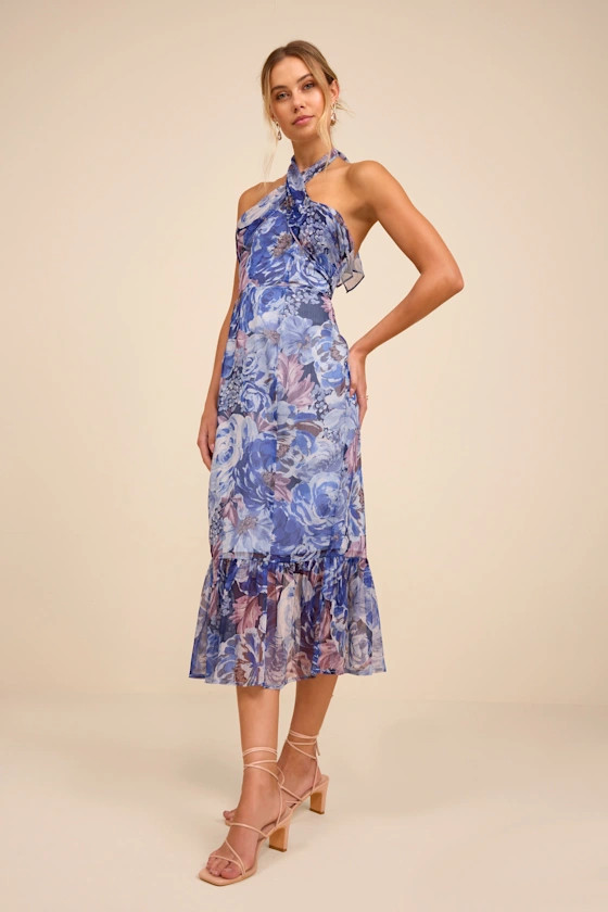 Juno Blue Multi Floral Halter Trumpet Midi Dress | Lulus