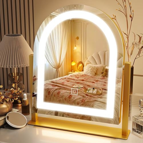 ROLOVE Lighted Makeup Mirror with 3-Color Dimmable Lighting, with Removable 10x Magnifier, Smart Touch Control, 360° Rotation, 15" x 13" Hollywood Vanity Mirror for Tabletop Desk (Gold) | Amazon (US)