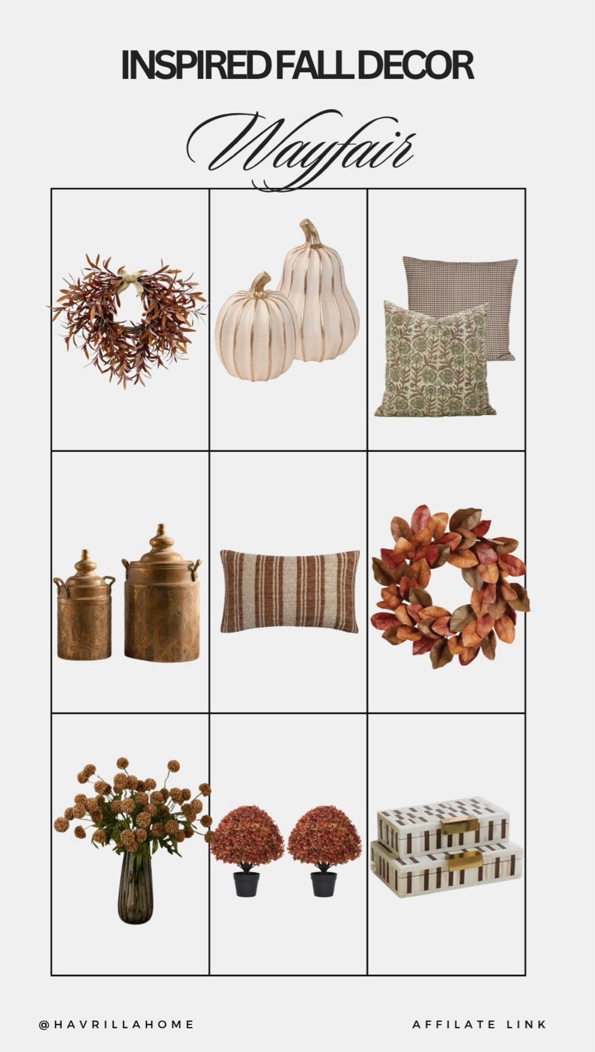 Wayfair fall decor, Wayfair home finds, fall home decor, neutral pumpkins, decorative wreath, throw pillows, lumbar pillow, decorative jars, faux florals, fall topiary, decorative storage boxes, autumn decorating ideas, cozy home decor, neutral home styling, affordable fall decor, living room decor, entryway decor, seasonal decorating, transitional style, cottage home

#LTKSeasonal #LTKHome

Comment SHOP below to receive a DM with the link to this post on my LTK ⬇ https://liketk.it/6k9dJ

#LTKHome #LTKSaleAlert #LTKSeasonal